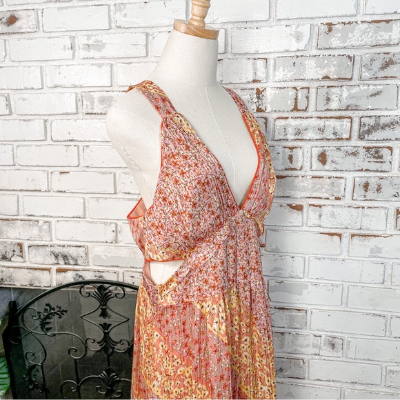 Harlyn Pink Yellow Floral Tiered Ruffle Side Cutout Sleeveless Maxi Dress XL - Picture 7 of 9